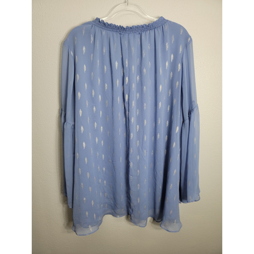 Jennifer Lopez Women 3X Blouse Blue Metallic Foil Bell Sleeve Boho Ruffle Top - Picture 4 of 7